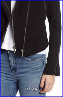 BLANKNYC Womens Mesh Crepe Asymmetric Moto Zip Long Sleeves Jacket Black Medium