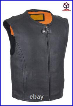 Black Men's Leather Fashion Concealed Biker Black Mesh Lining Collarless Vest