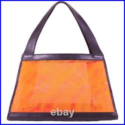 CHANEL Red Orange Mesh Fabric & Black Leather Small Tote Shoulder Bag