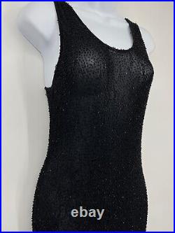 DONNA KARAN Vintage Gold Label Sheer Beaded Gown Dress Black Sexy Womens S