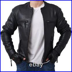 Men Motorcycle Riding Black Cowhide Leather Jacket with CE Protective Armour