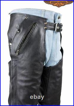 Men's Motorcycle Black Buffalo Leather Chaps with Multiple Pockets & Mesh Lining
