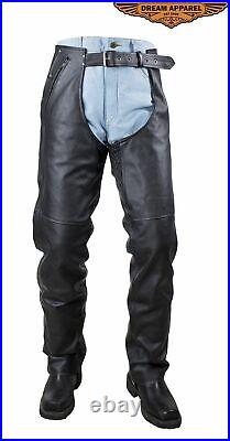 Men's Motorcycle Black Buffalo Leather Chaps with Multiple Pockets & Mesh Lining