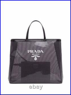 Prada Sequined Logo Print BLACK Tote Mesh Semi Transparent with Pouch $2400