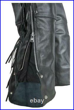 Unisex Leather Chaps Braided Fringed Sides Mesh Lining Back Laces 2 Lg Pockets