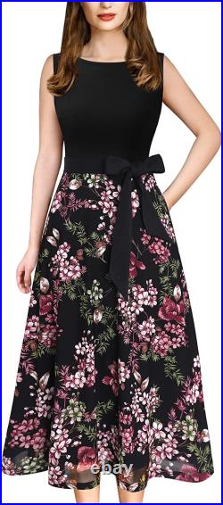 Vfshow Womens Elegant Patchwork Pockets Print Work Casual A-Line Midi Dress